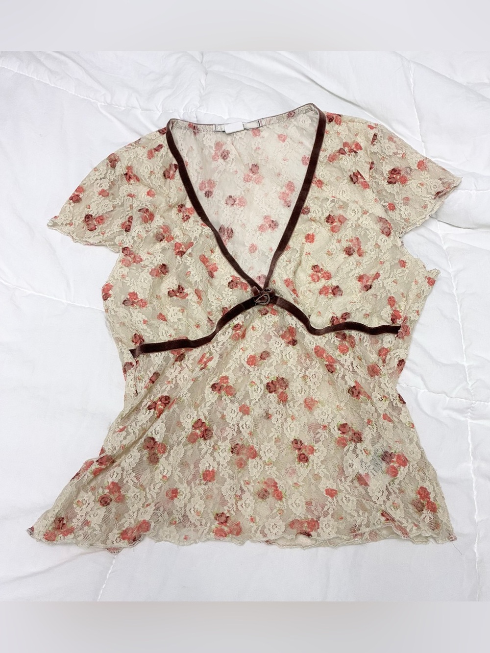 Kimchi Blue Sheer Floral Lace V-Neck Short Sleeve Blouse Top